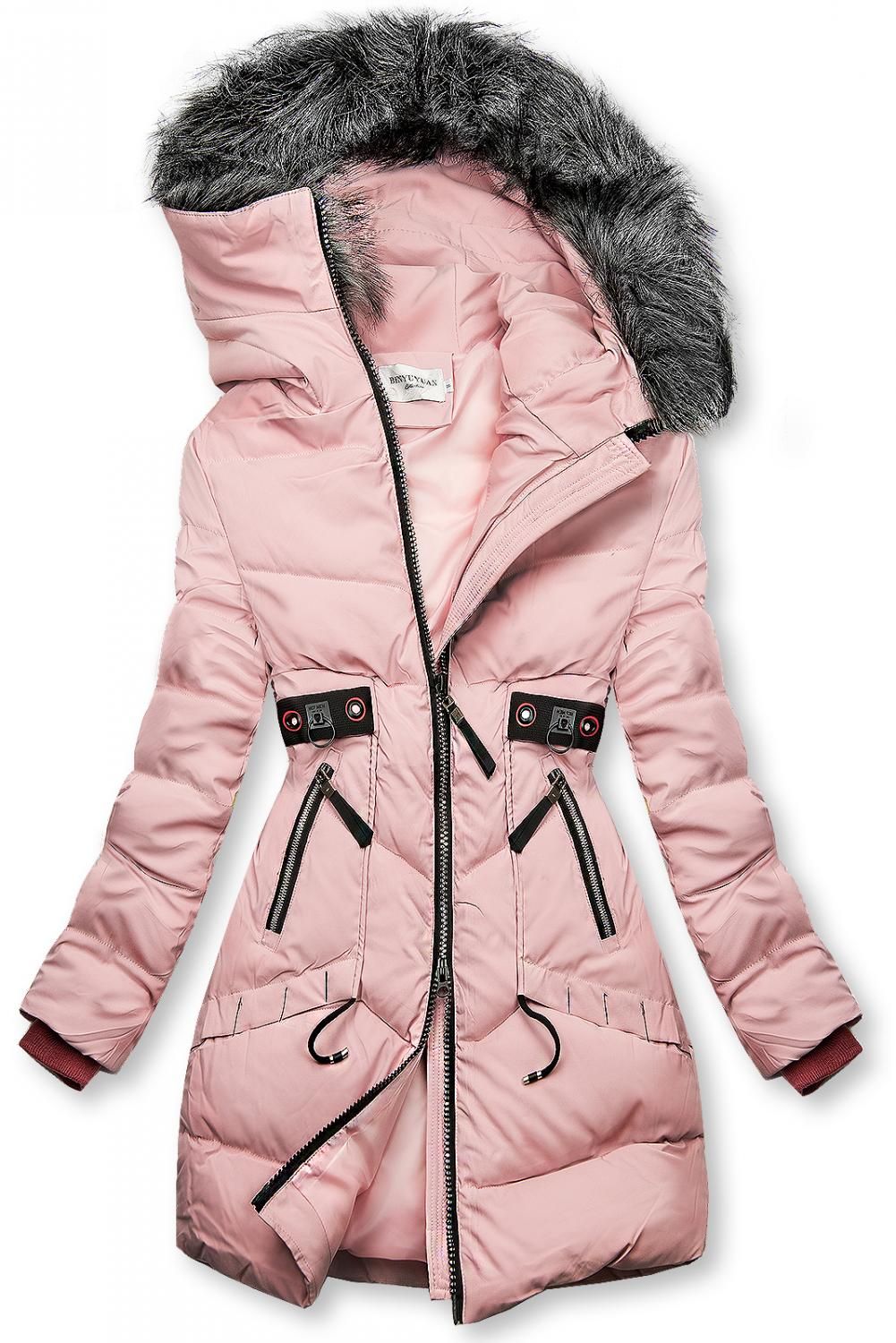 Ružová zimná bunda s čiernymi detailami
