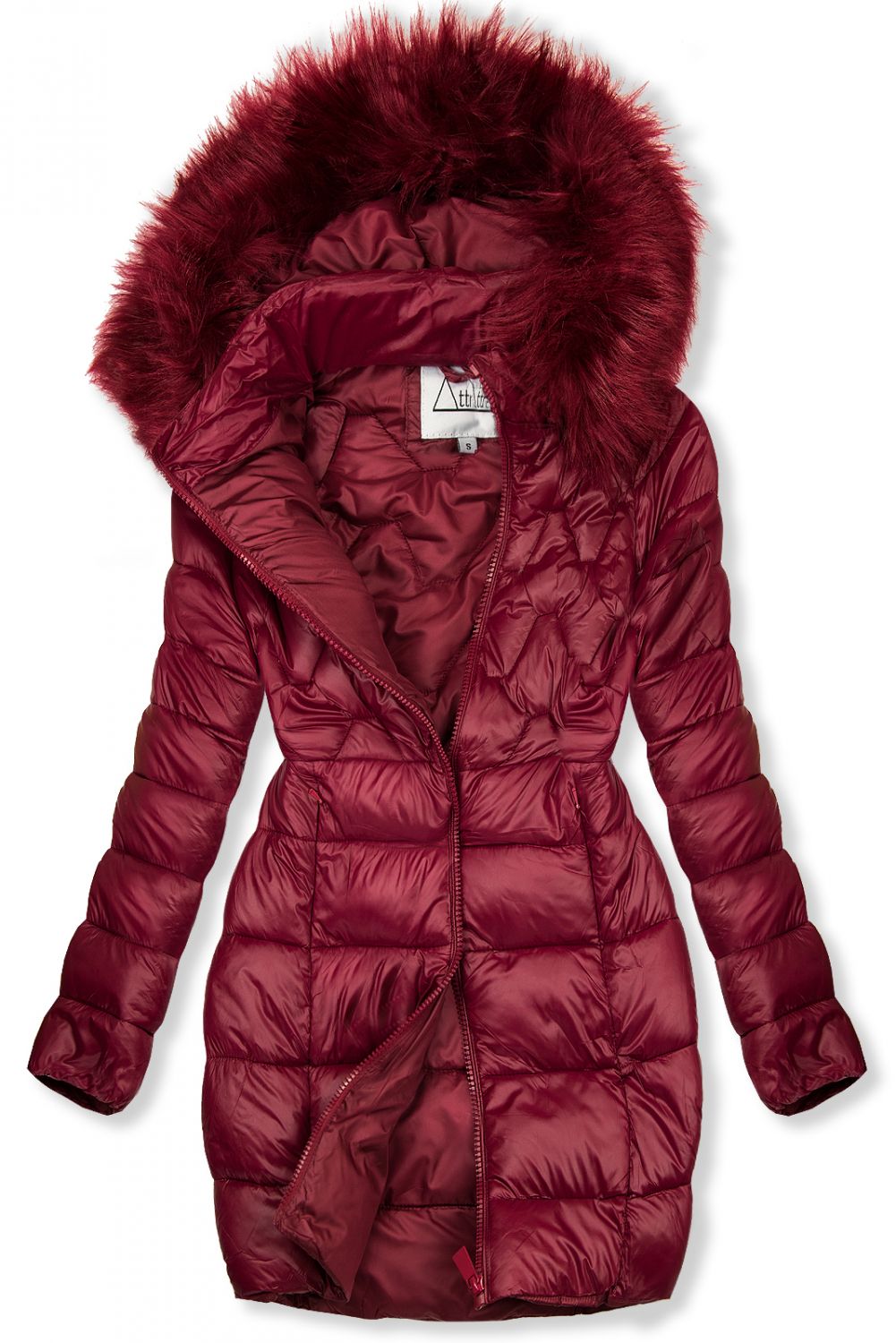 Vínovočervená prechodná bunda s kapucňou a kožušinou