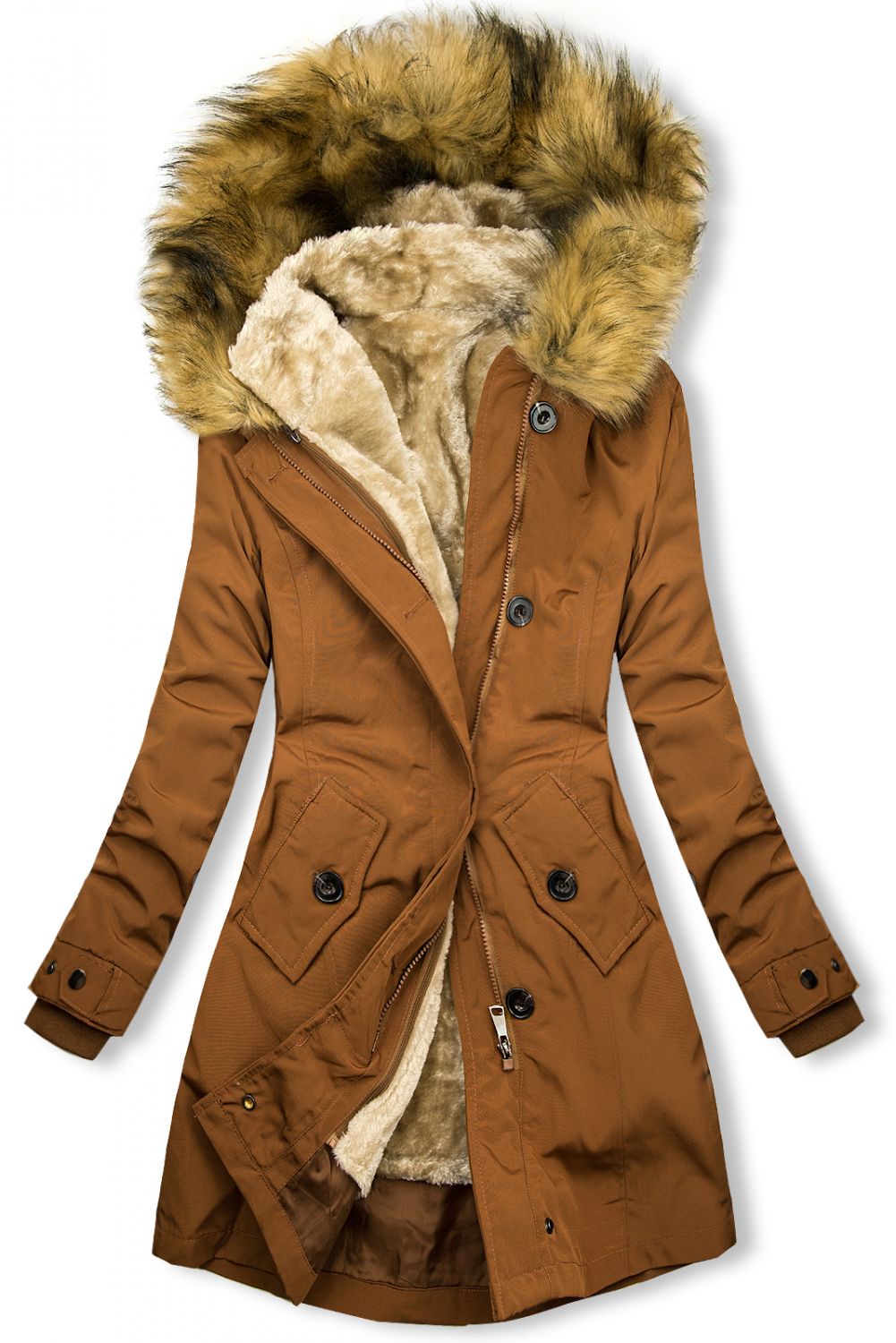 Camel hnedá parka na jeseň/zimu s odnímateľným futrom