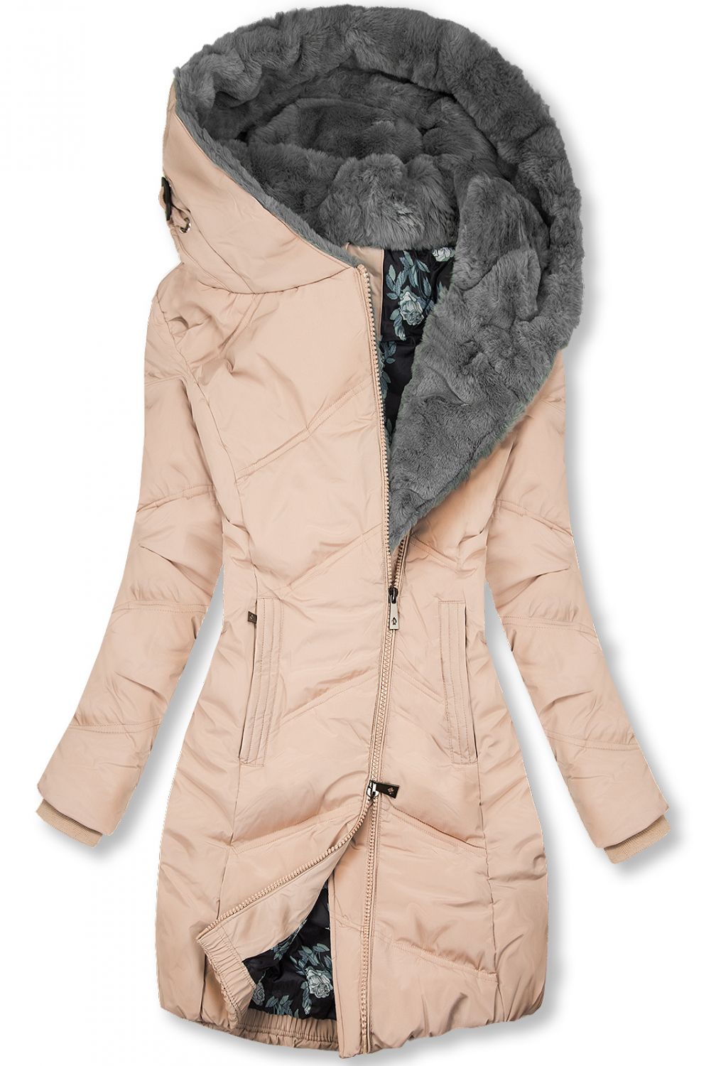 Púdrovo ružová zimná bunda s kvetinovou podšívkou