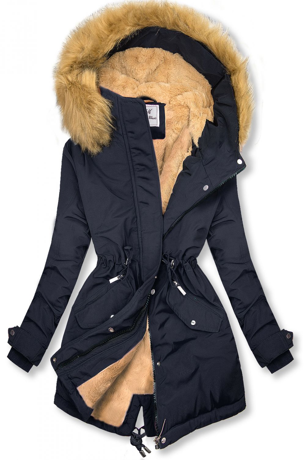 Tmavomodrá parka na zimu s béžovým futrom