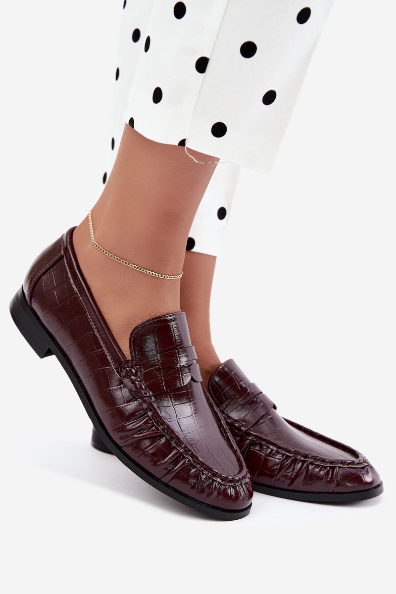 Mokasíny z eko kože s nariasením a zvieracím vzorom, bordové