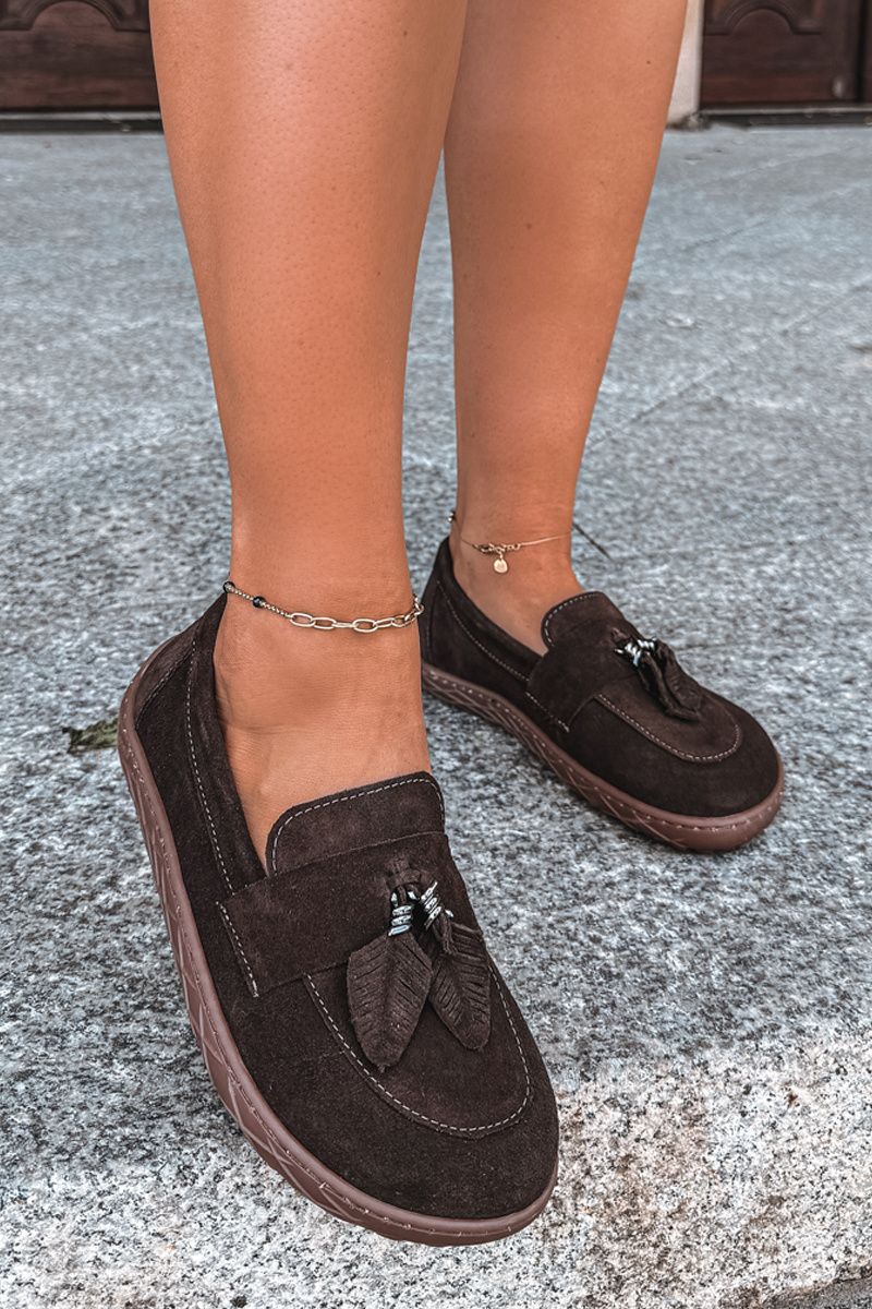Barefoot mokasíny z prírodného semišu, tmavohnedé