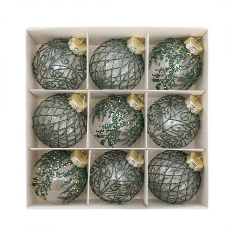 Ozdoby na stromček zelená/transparentná, 8 cm, 9 kusov