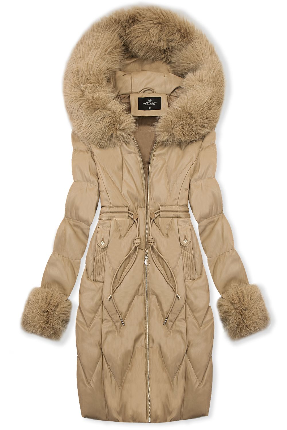 Zimný koženkový kabát s umelou kožušinou, béžový