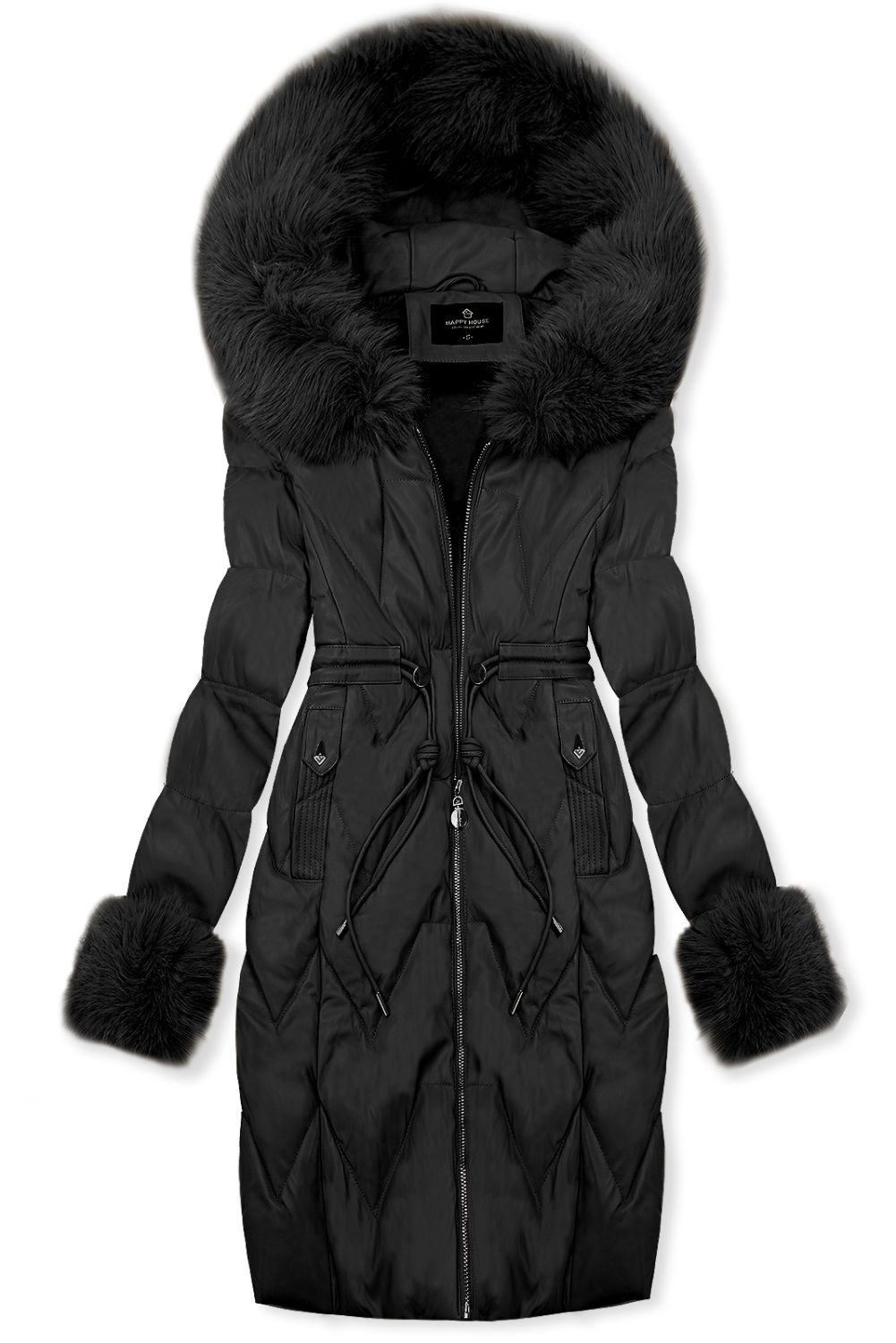 Zimný koženkový kabát s umelou kožušinou, čierny