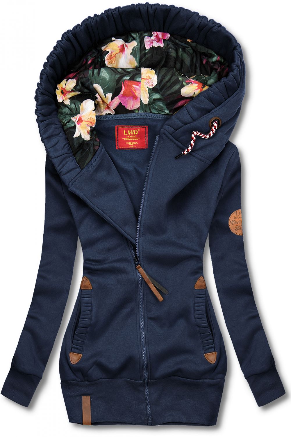 Tmavomodrá mikina s kvetinovou podšívkou