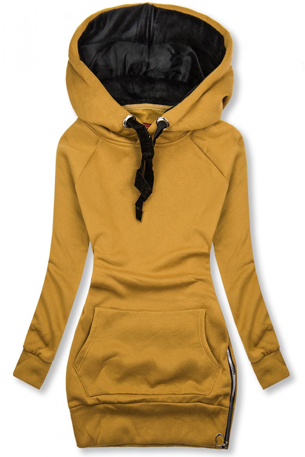 Mustard mikina so zamatovou kapucňou