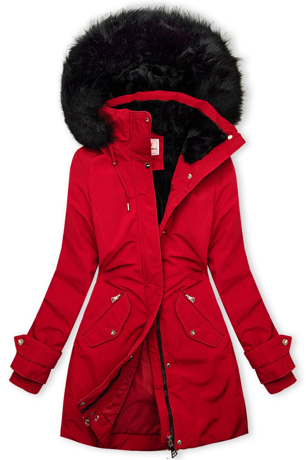 Predĺžená parka s kožušinou červená/čierna