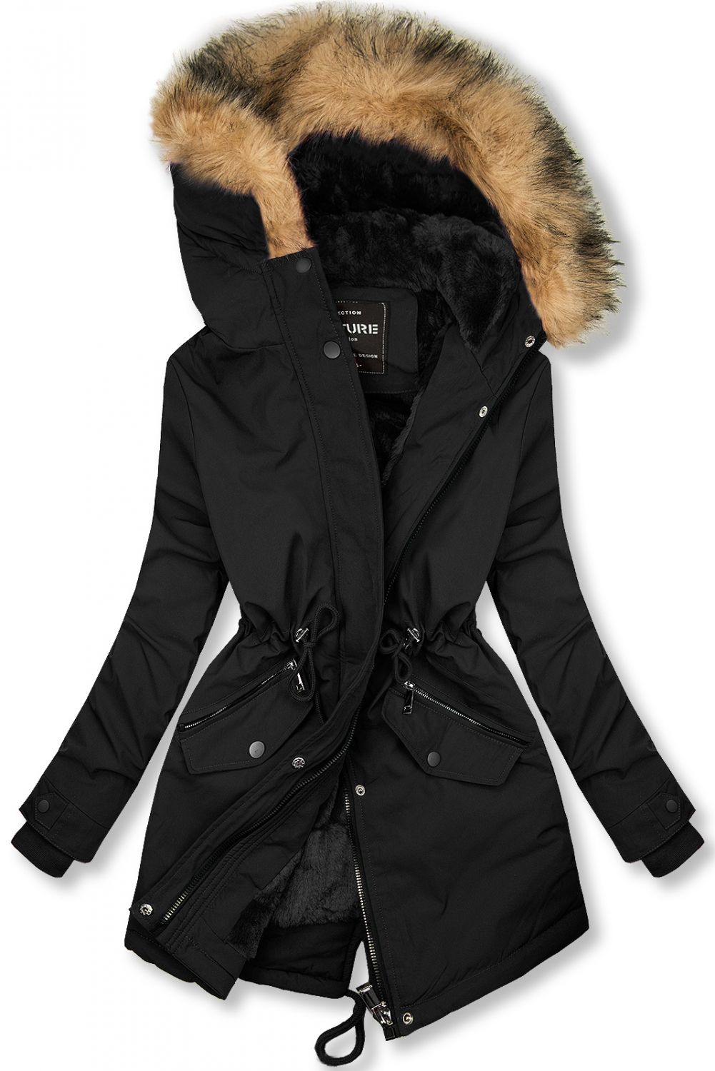 Čierna zimná parka s umelou kožušinou