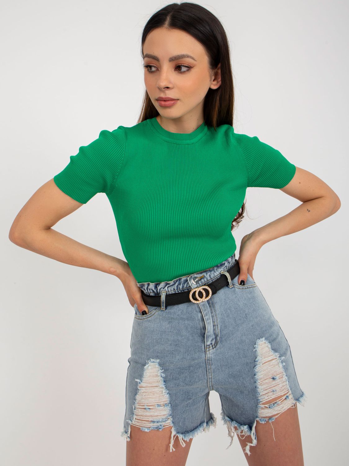 Modré dámske jeans šortky s opaskom