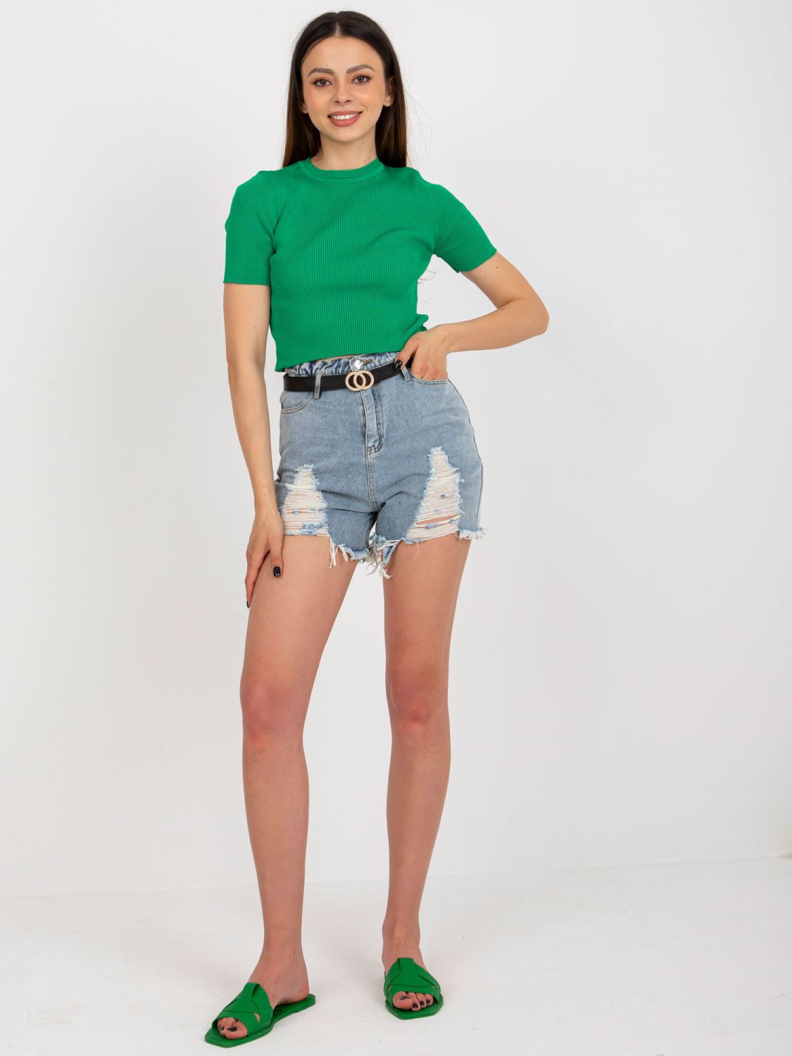 Modré dámske jeans šortky s opaskom