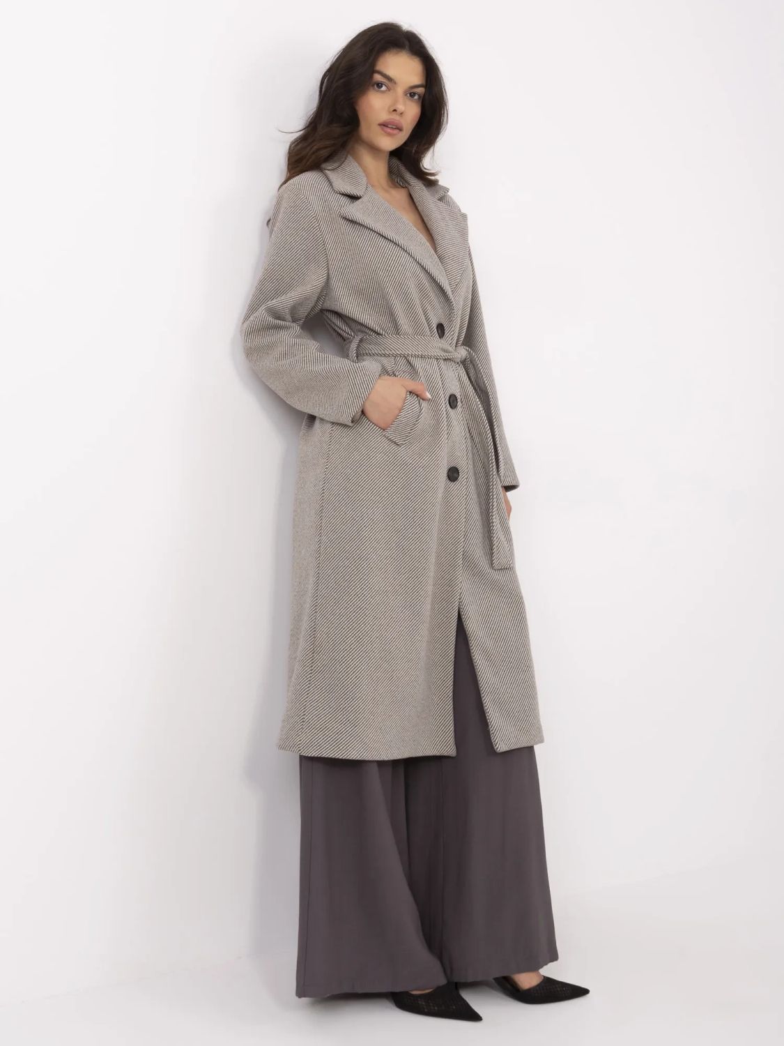 Elegantný prechodný kabát v šedo-bežovej farbe