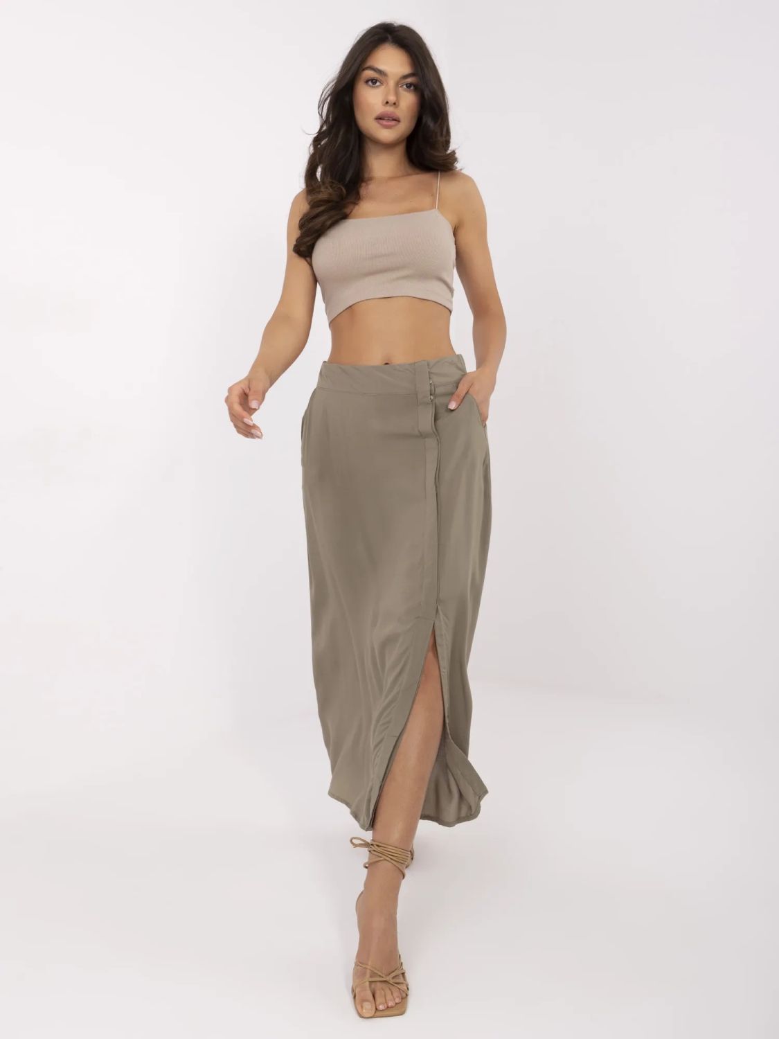 Elegantná midi sukňa v khaki