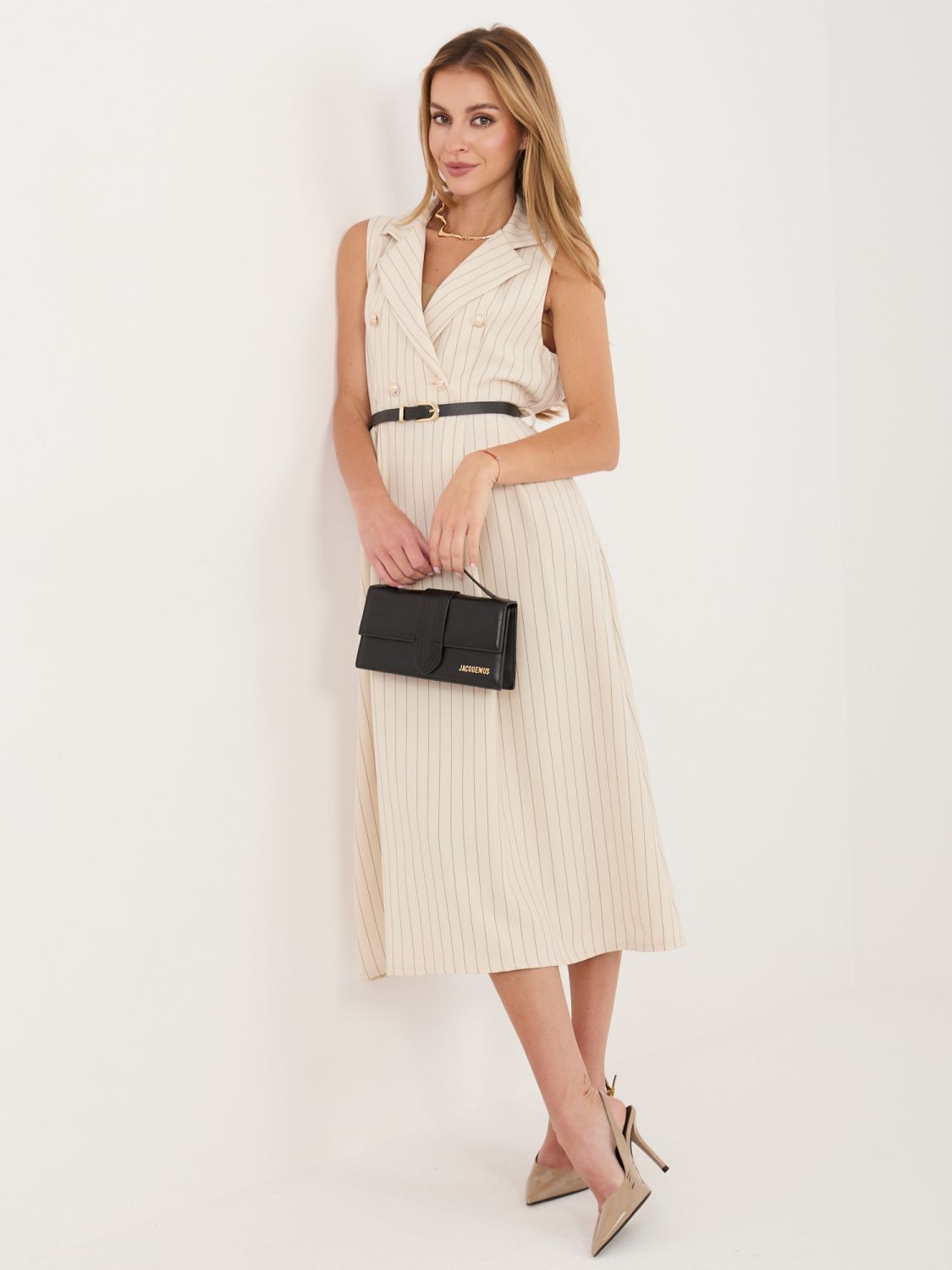 Béžové rozšírené midi šaty s pásikom a golierom