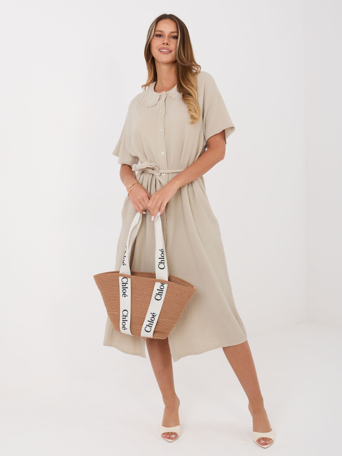 Béžové rozšírené midi šaty s opaskom a vreckami