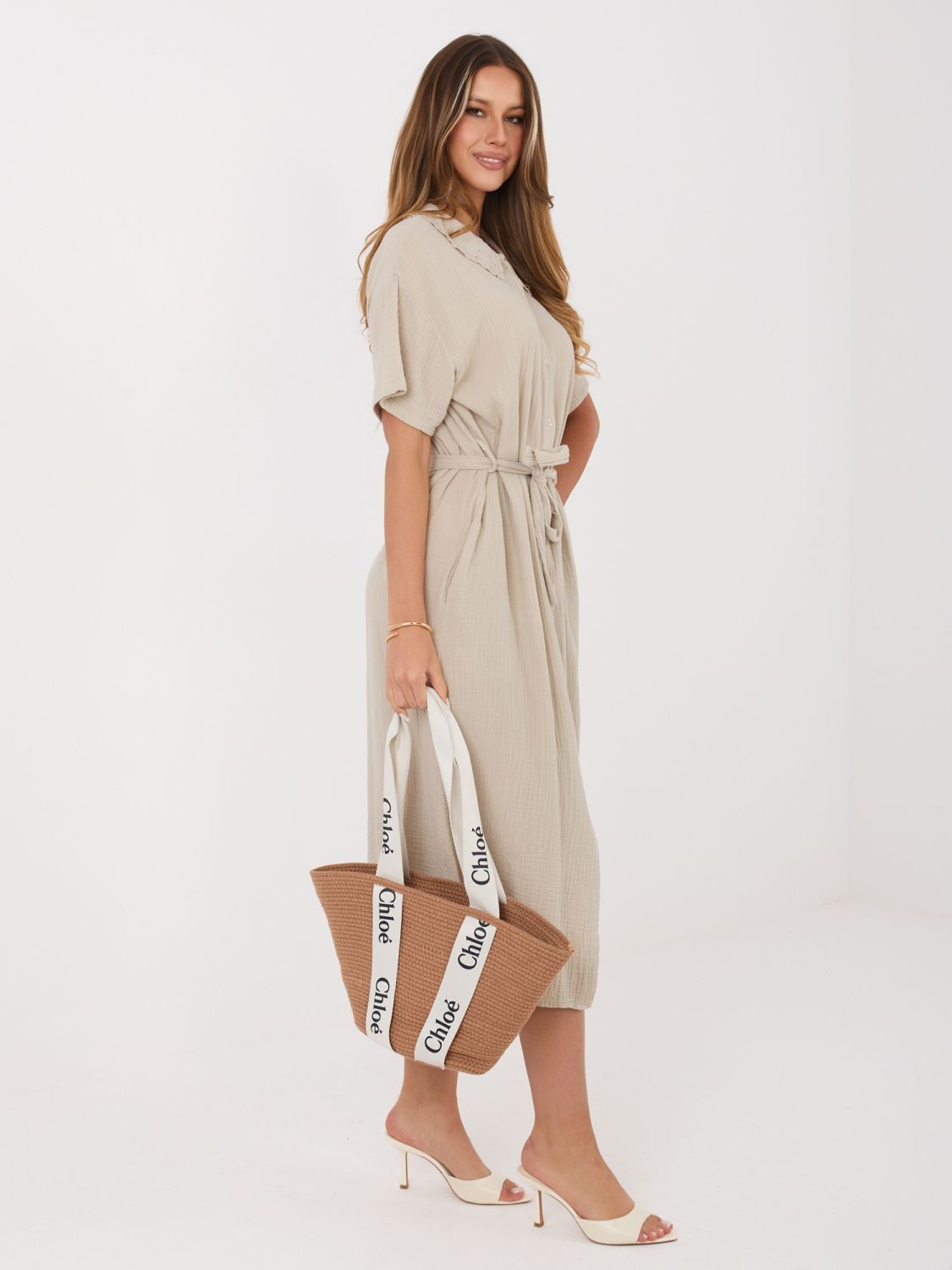 Béžové rozšírené midi šaty s opaskom a vreckami