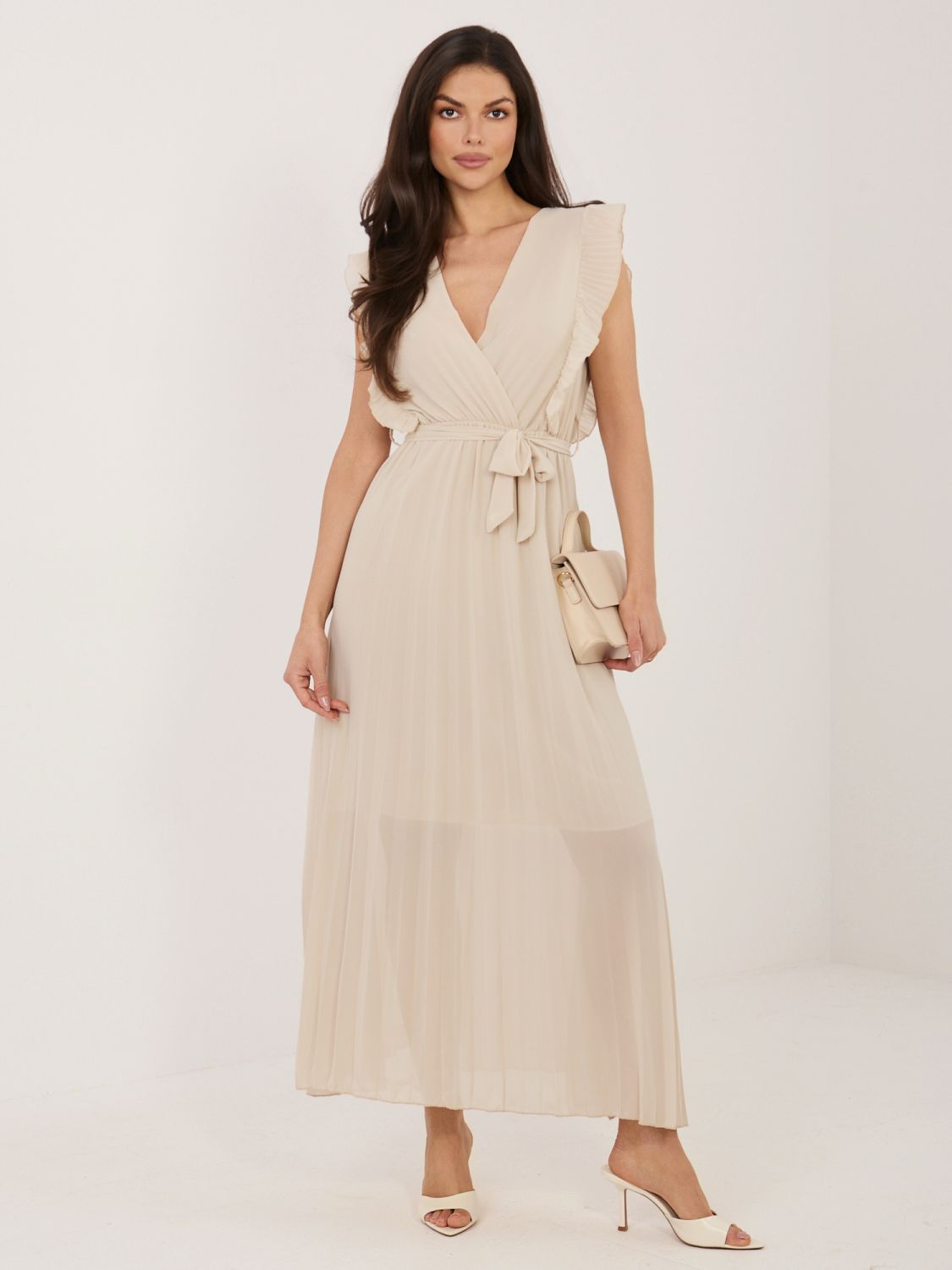 Béžové rozšírené midi šaty s opaskom