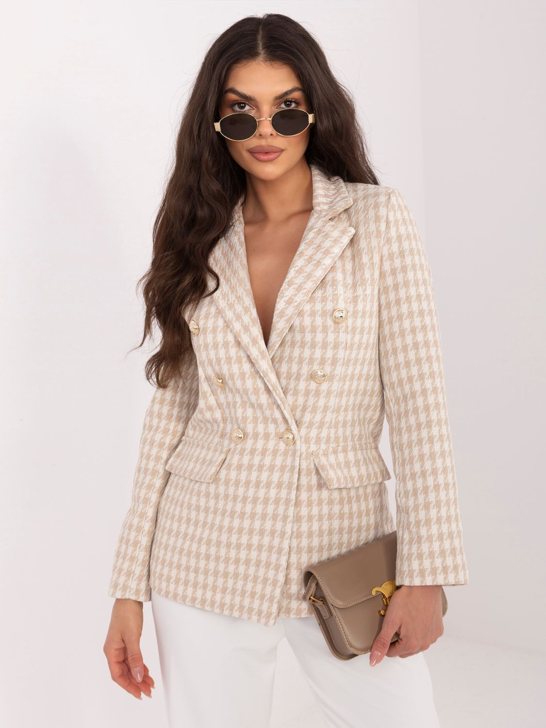 Béžové sako s pepito vzorom a podšívkou