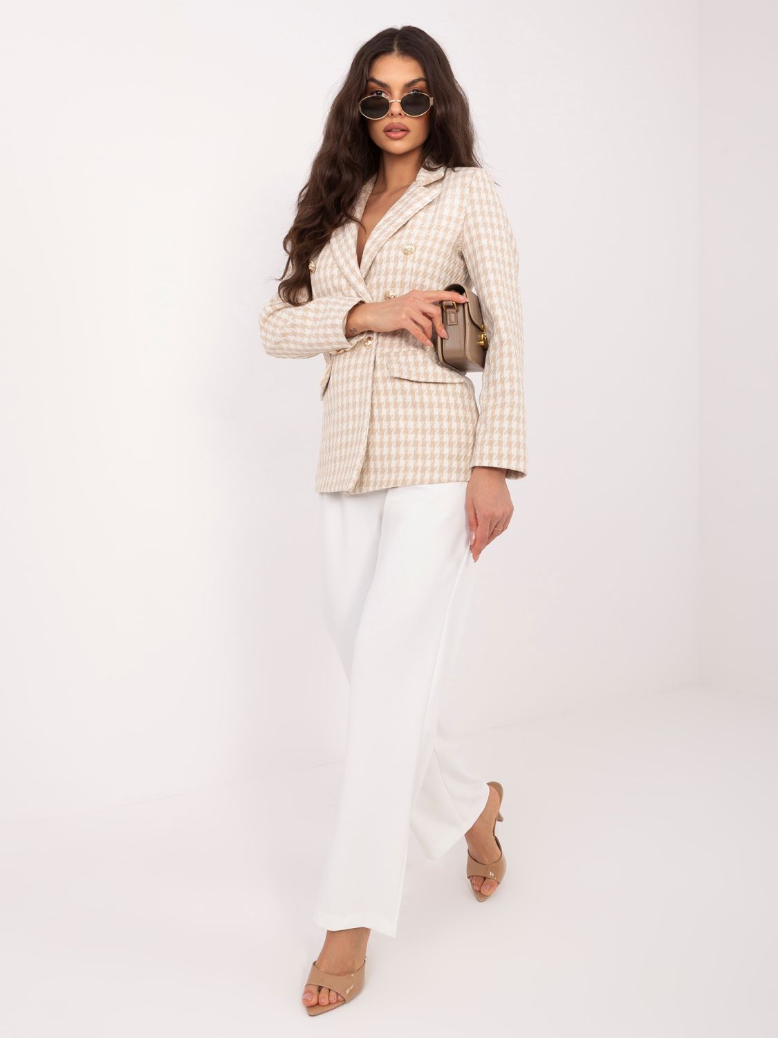 Béžové sako s pepito vzorom a podšívkou