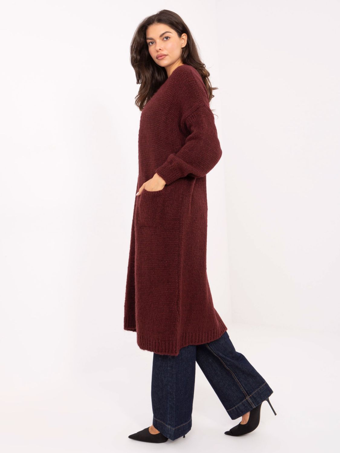 Bordový dlhý kardigán s vreckami