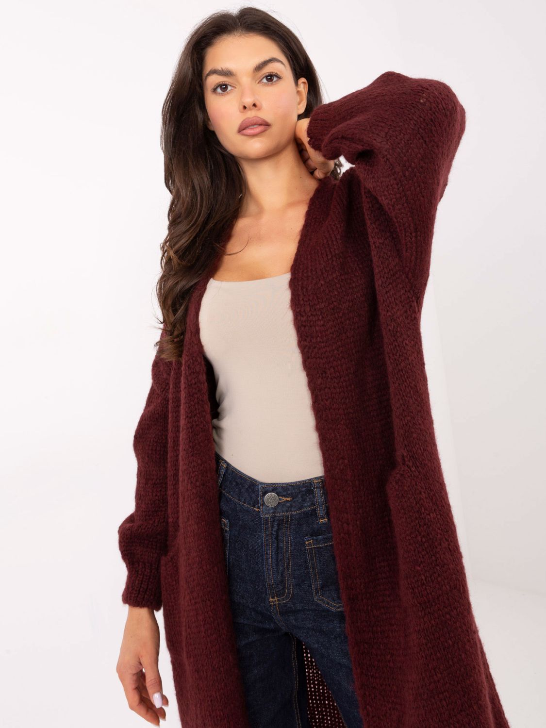 Bordový dlhý kardigán s vreckami