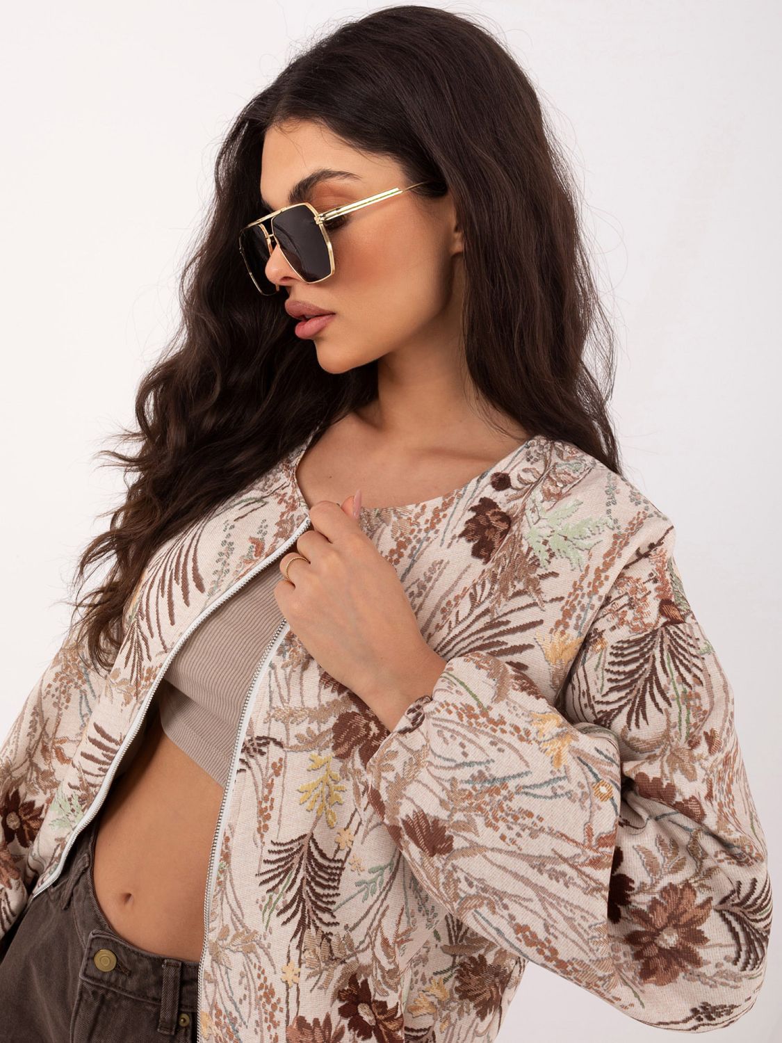 Hnedá kvetinová bomber bunda s podšívkou