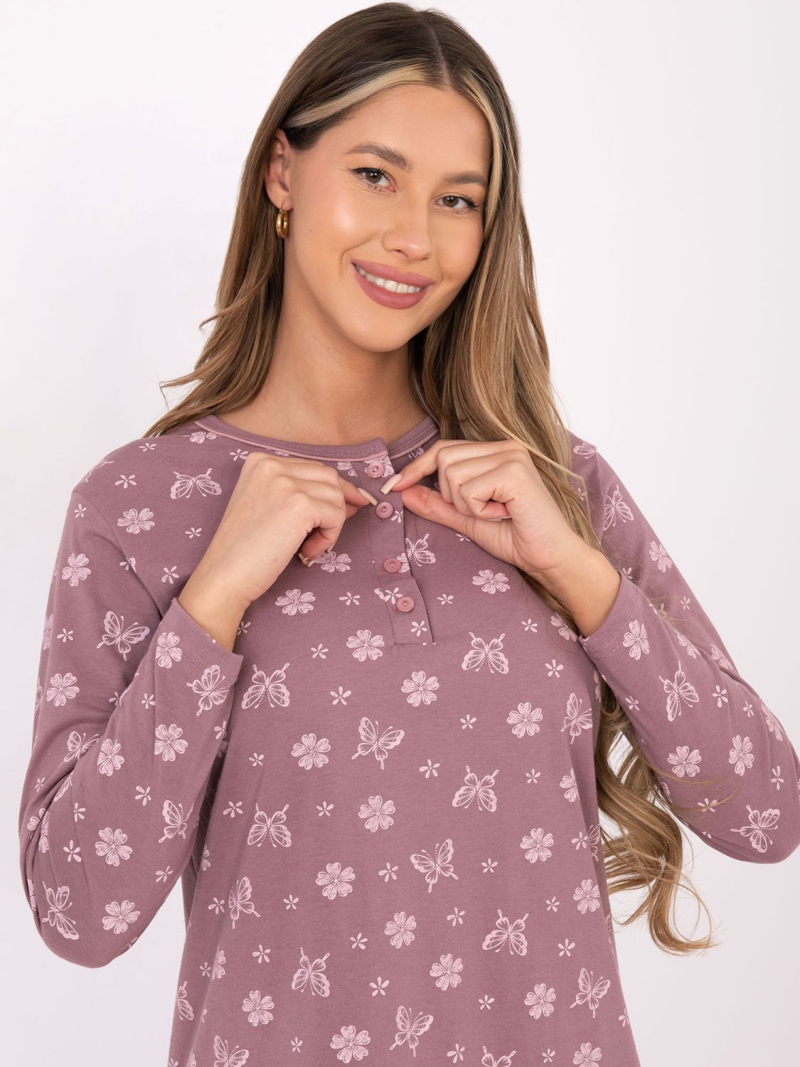 Dámska nočná košeľa s dlhým rukávom, tmavoružová