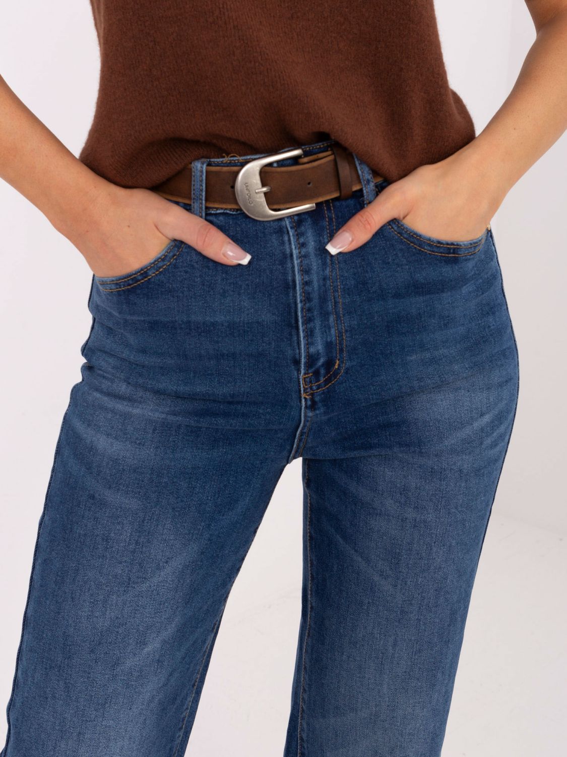 Dámske rovné džínsy s vysokým pásom, tmavomodré