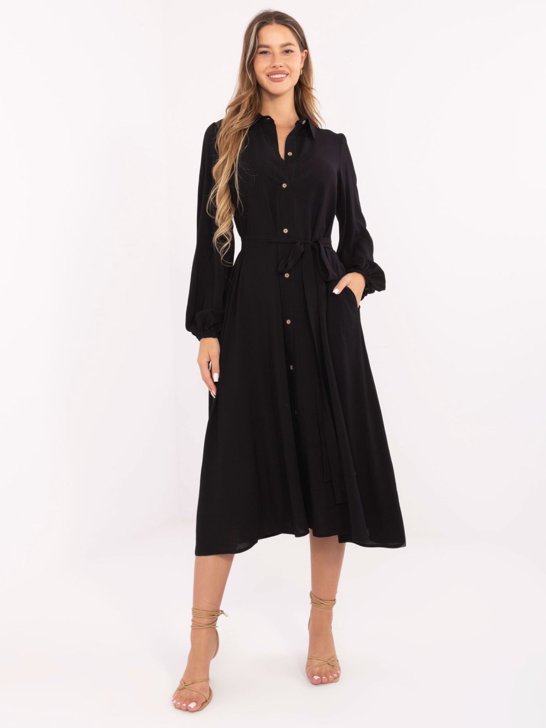 Elegantné čierne midi šaty s dlhým rukávom