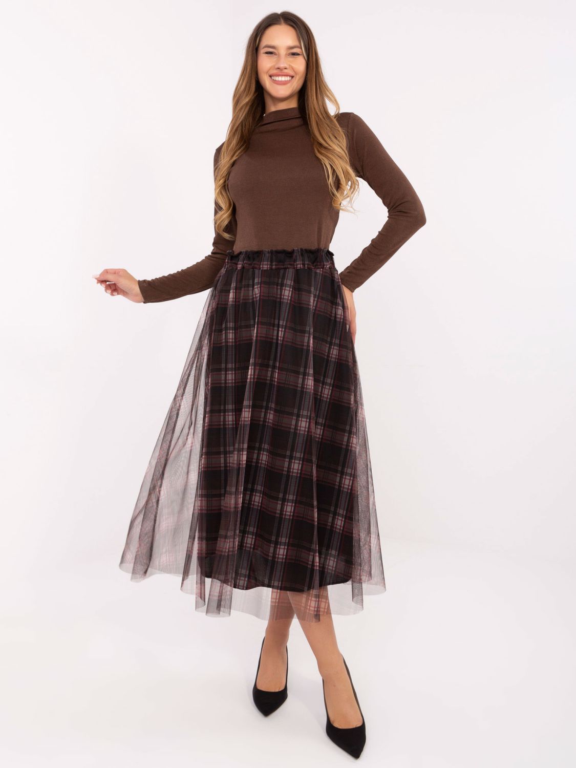 Bordová elegantná tylová midi sukňa s károvaným vzorom,