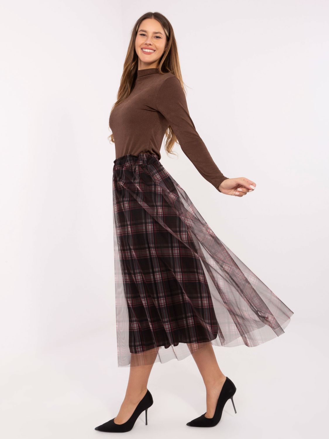 Bordová elegantná tylová midi sukňa s károvaným vzorom,