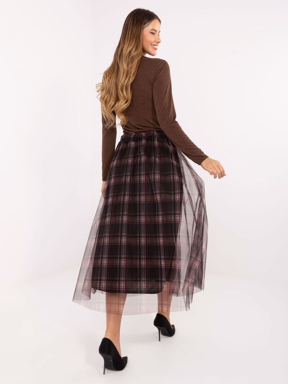 Bordová elegantná tylová midi sukňa s károvaným vzorom,