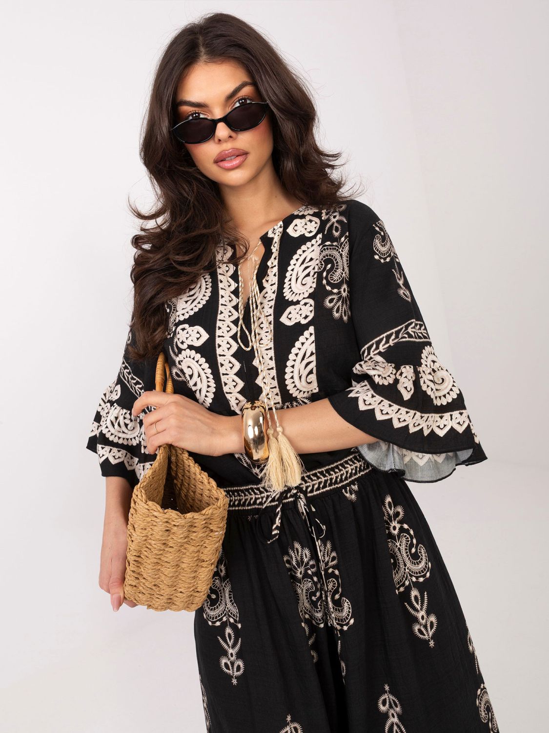 Dámsky komplet s potlačou a viazaním, čierny