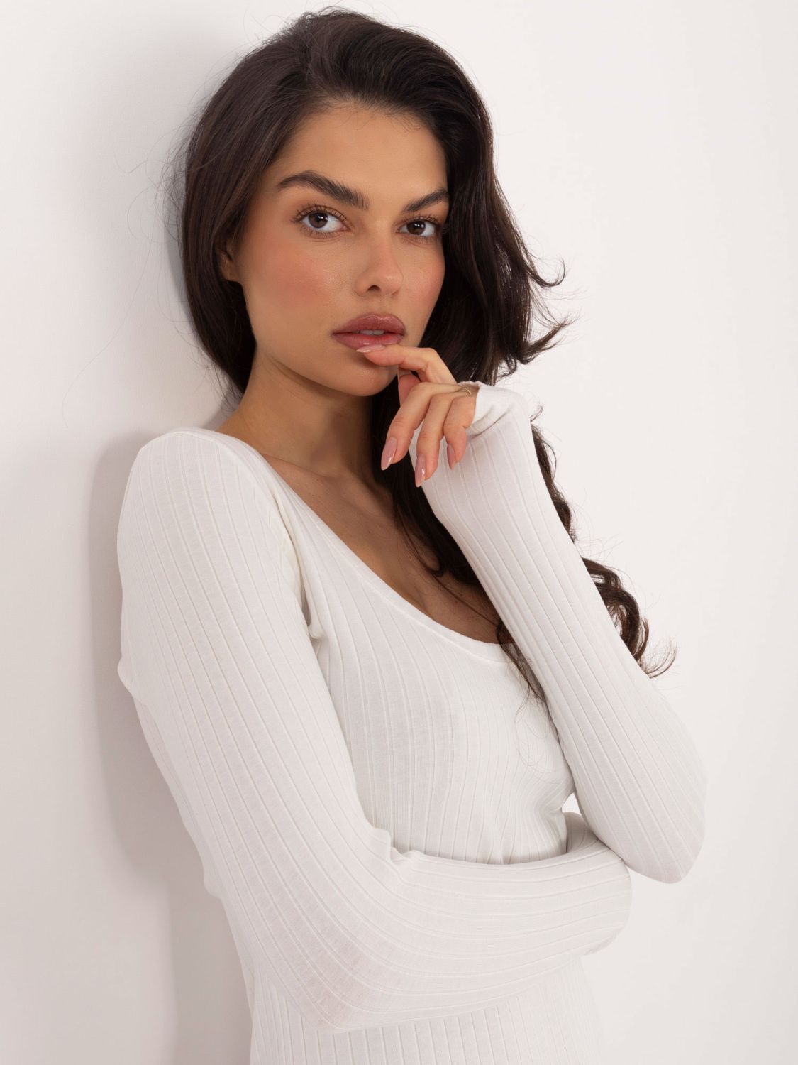 Bavlnené rebrované body s dlhým rukávom v odtieni ecru