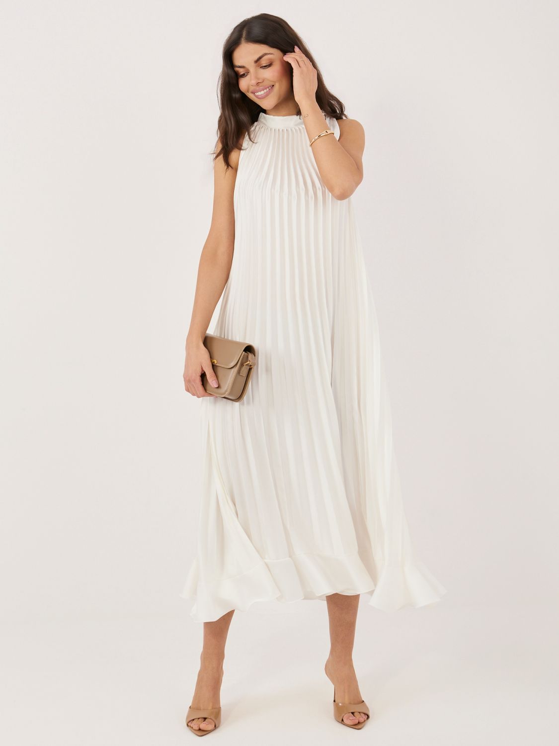 Elegantné midi šaty s volánom a viazaním, ecru