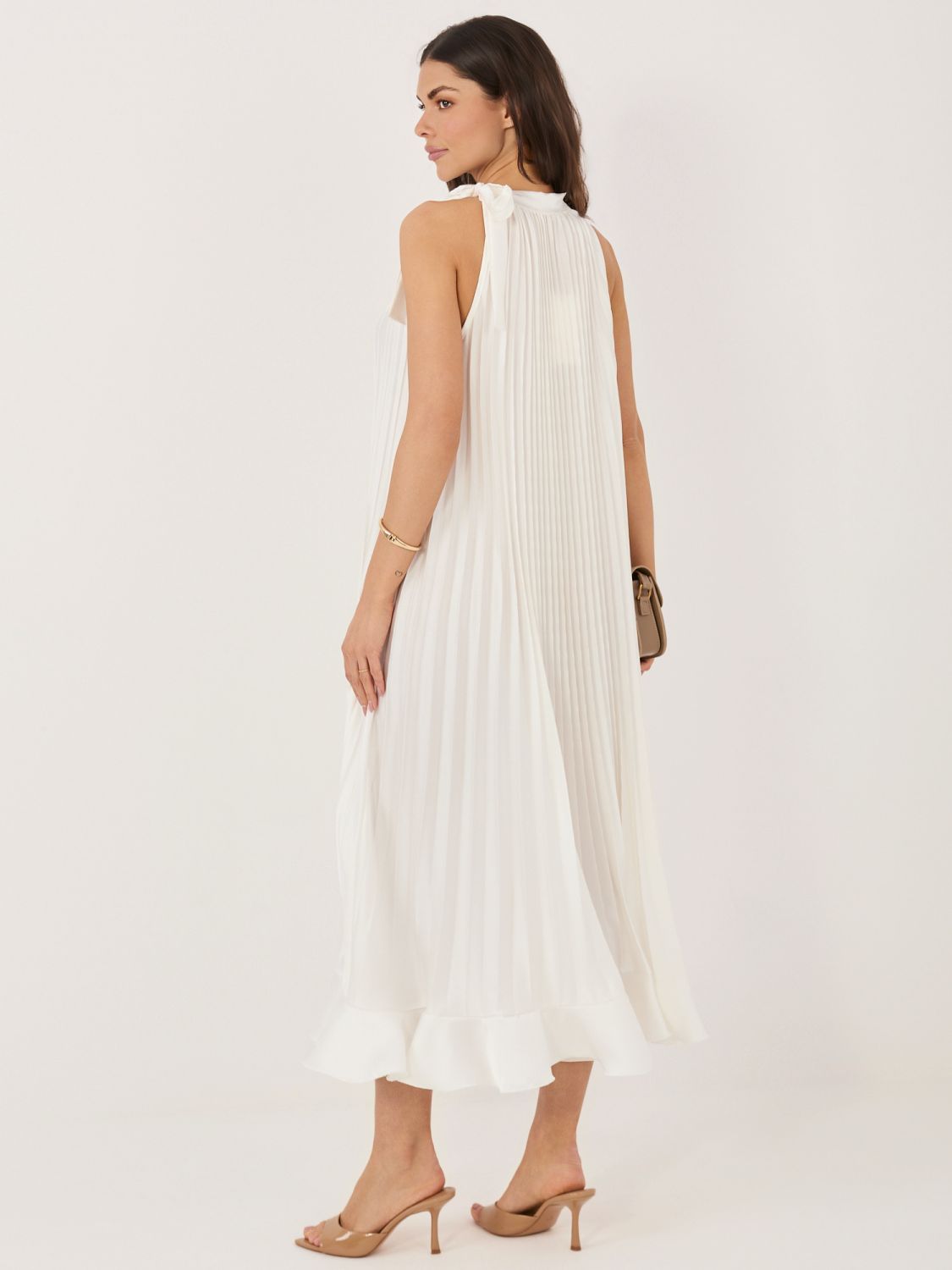 Elegantné midi šaty s volánom a viazaním, ecru