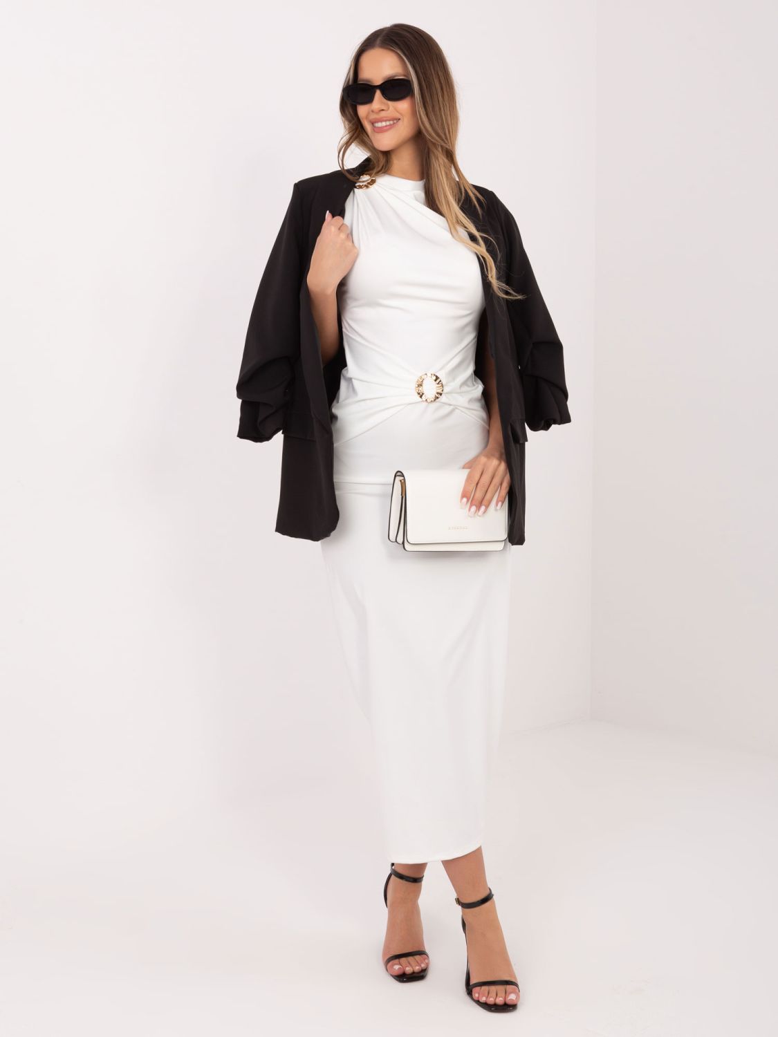 Elegantné midi šaty s vodopádovým výstrihom, ecru