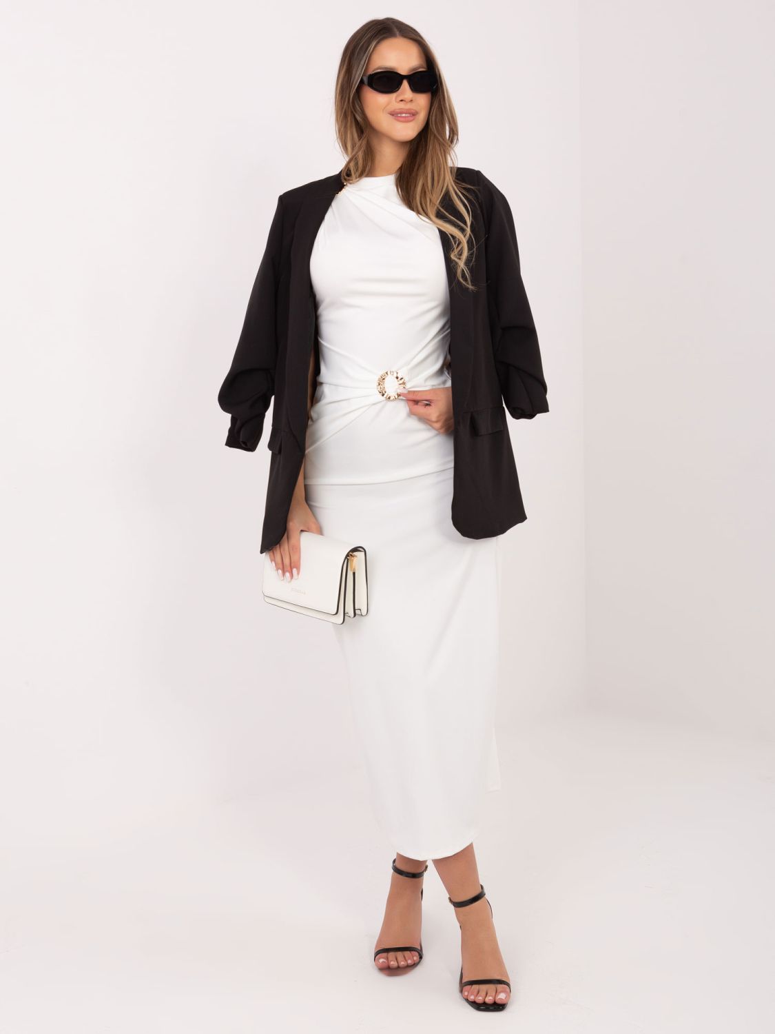 Elegantné midi šaty s vodopádovým výstrihom, ecru