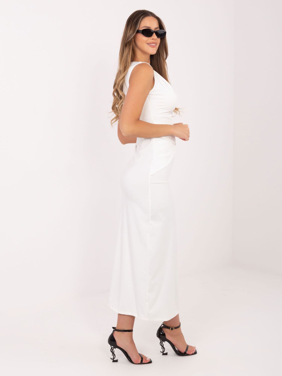 Elegantné midi šaty s vodopádovým výstrihom, ecru