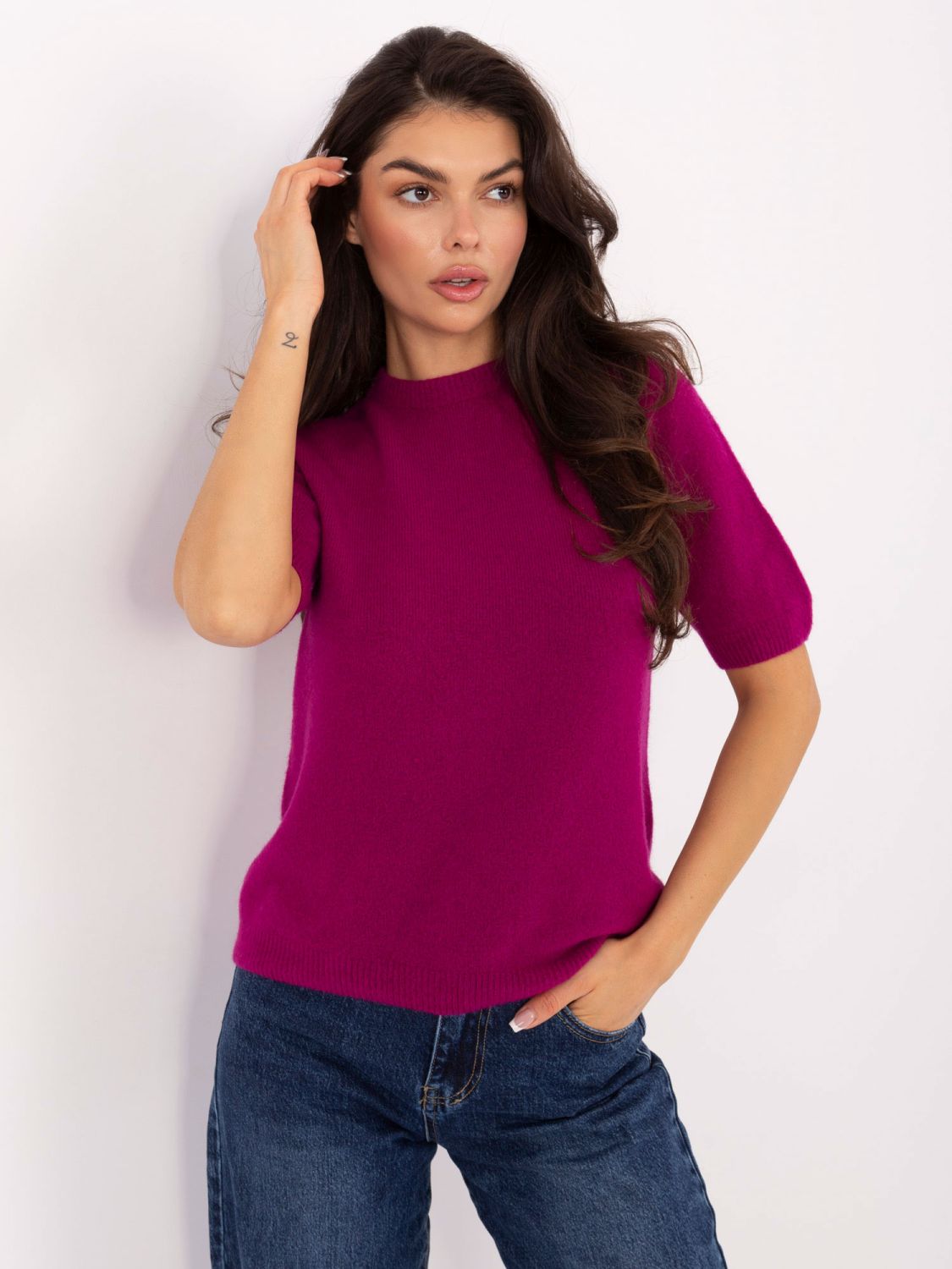 Fuchsiový pletený sveter s krátkym rukávom