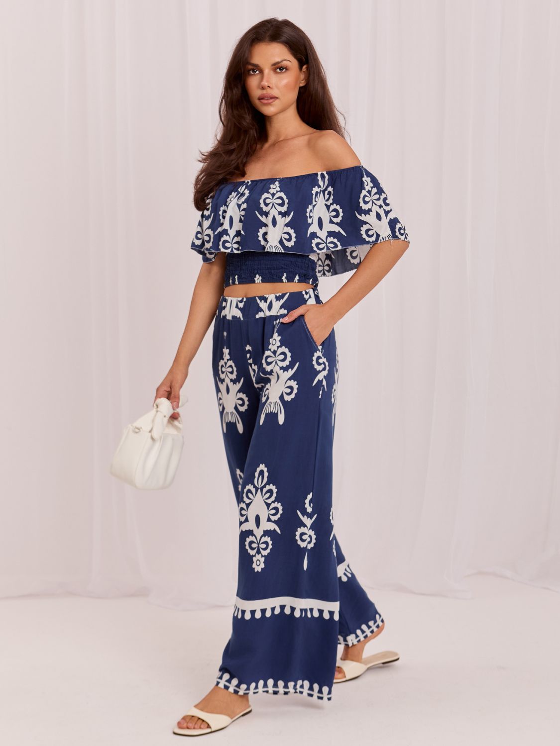 Boho súprava s blúzkou a nohavicami, modrá