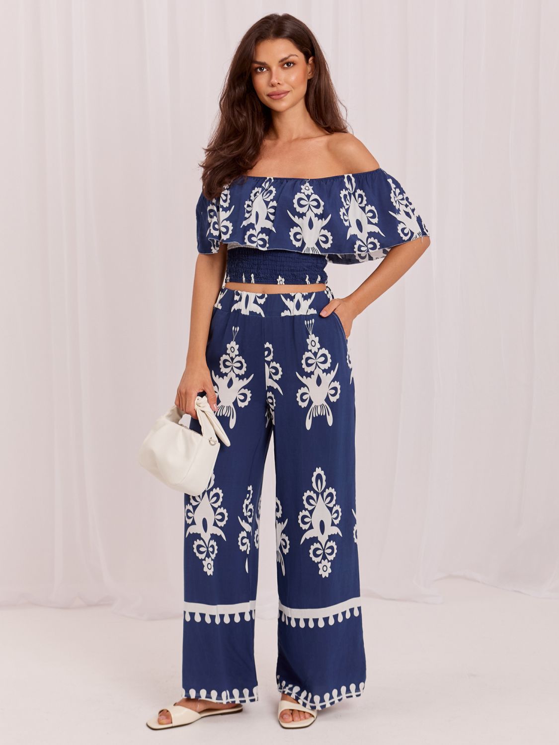 Boho súprava s blúzkou a nohavicami, modrá