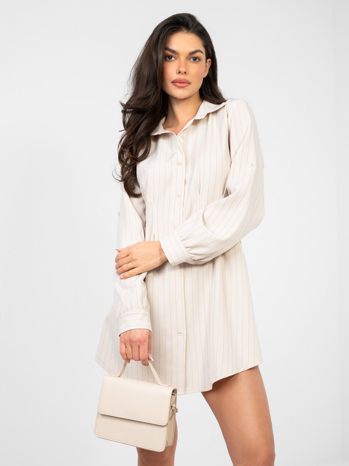 Béžové košeľové šaty s pásikmi a golierom