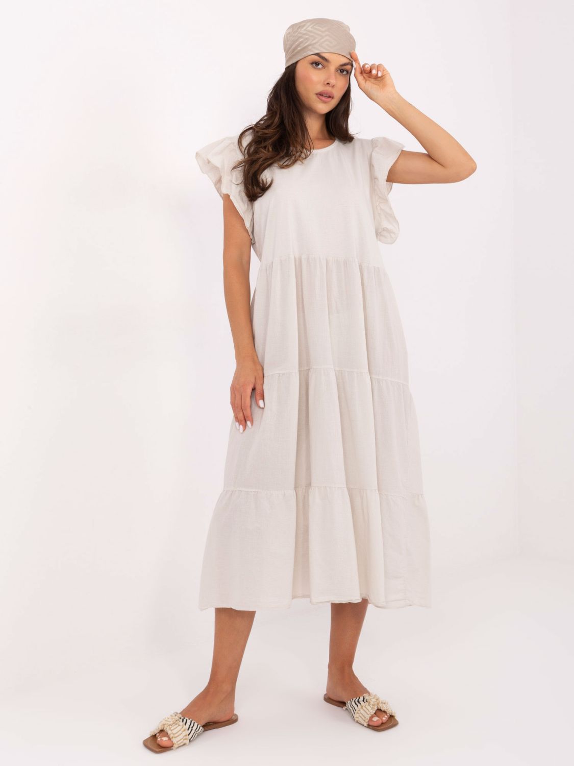 Oversize béžové midi šaty s volánom