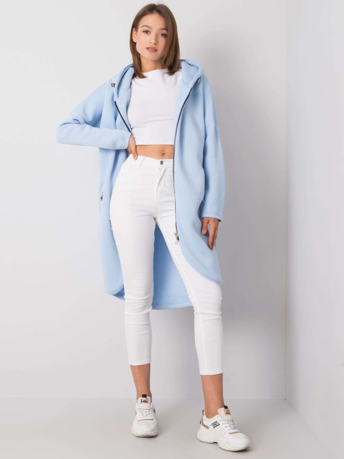 Svetlomodrá dlhá mikina s kapucňou na zips