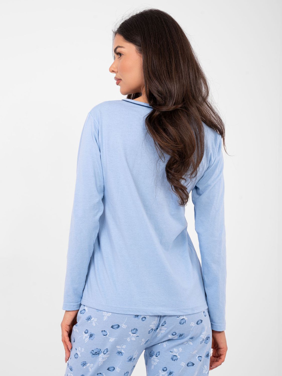 Dámske bavlnené pyžamo s kvetinovým vzorom, svetlomodré