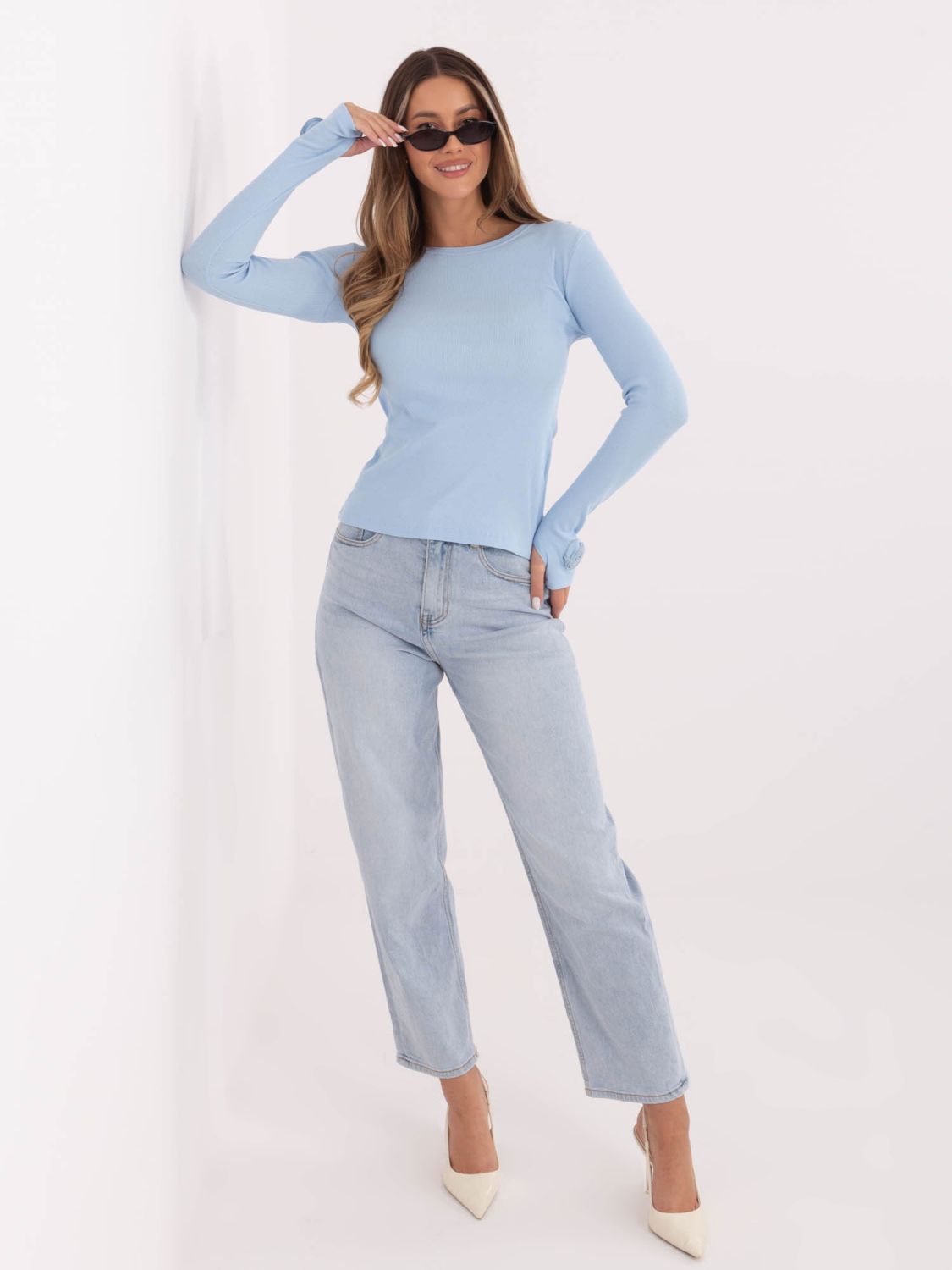 Dámska modrá rebrovaná blúzka s dlhým rukávom
