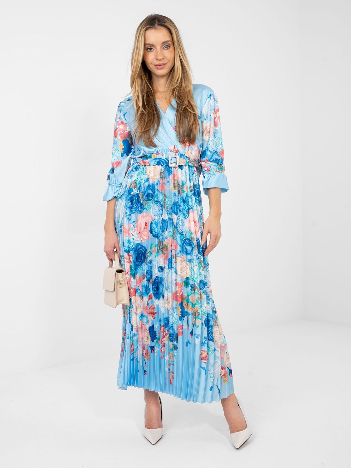 Maxi kvetinové šaty s opaskom, modré