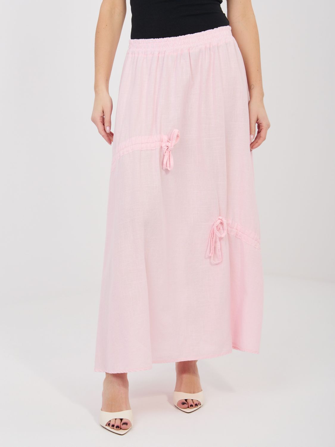 Svetloružová midi sukňa s viazaním
